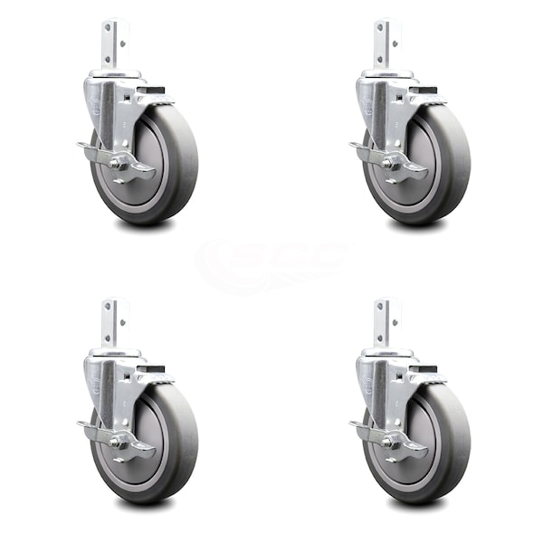 5 Inch Thermoplastic Rubber Swivel 7/8 Inch Square Stem Caster Set with Brake